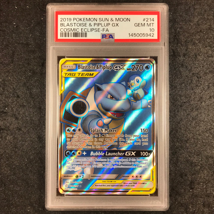 PSA 10 Blastoise & Piplup GX - 214/236 - Full Art Pokemon Cosmic Eclipse 942-Cherry Collectables