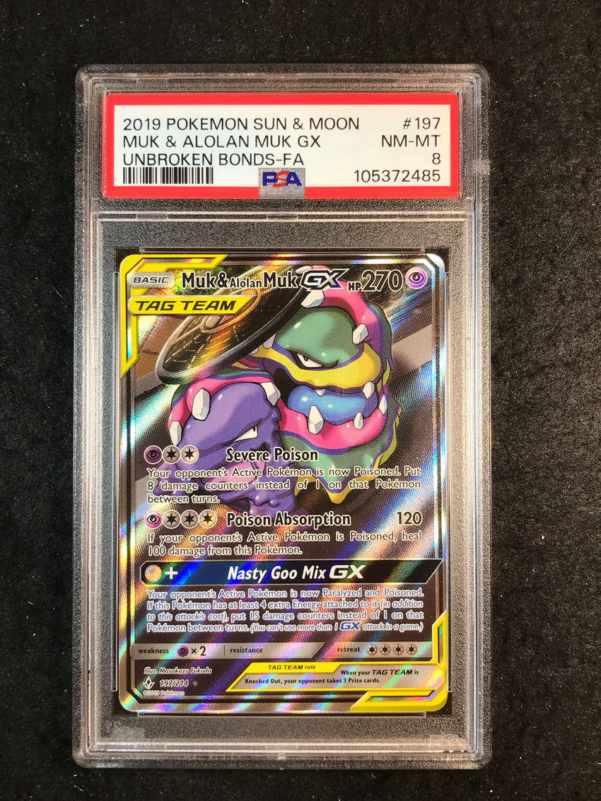 PSA 8 Muk & Alolan Muk - 197/214 - Full Art Unbroken Bonds 485