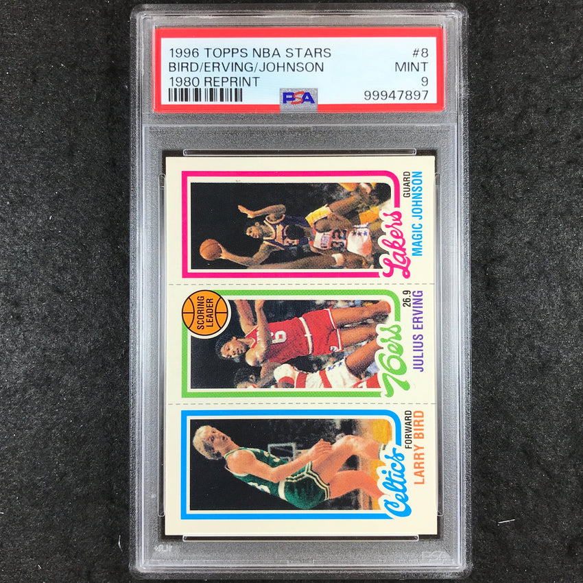 1996 Topps NBA Stars LARRY BIRD ERVING MAGIC JOHNSON 1980 Reprint #8 PSA 9 (897)