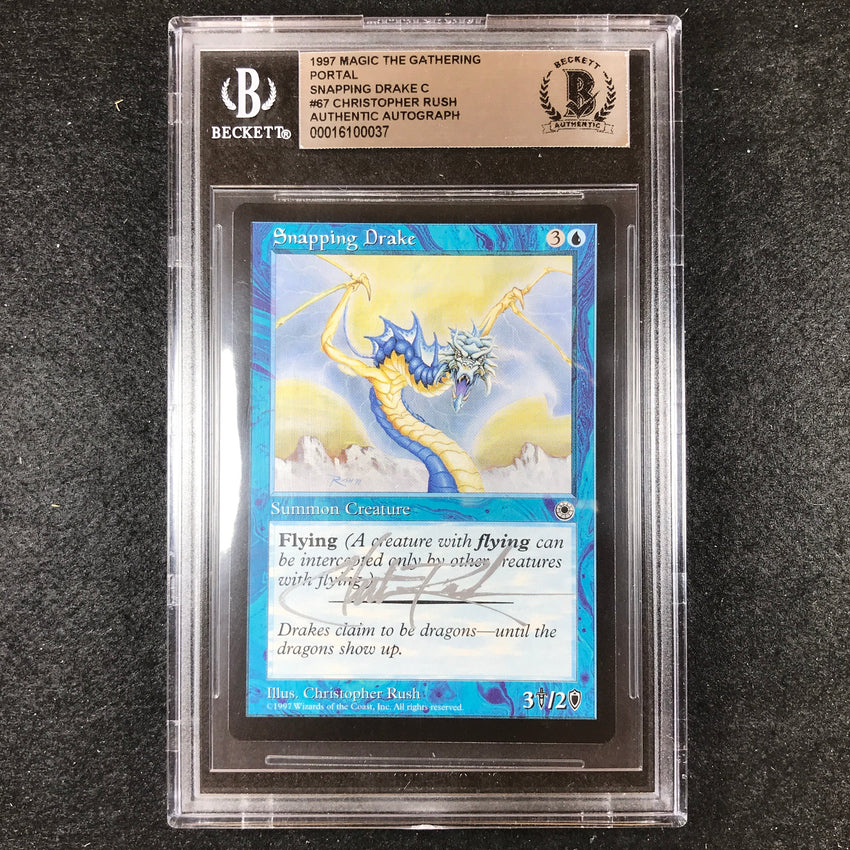 BGS Authentic Autograph Snapping Drake - Christopher Rush 1997 Magic The Gathering Portal 037