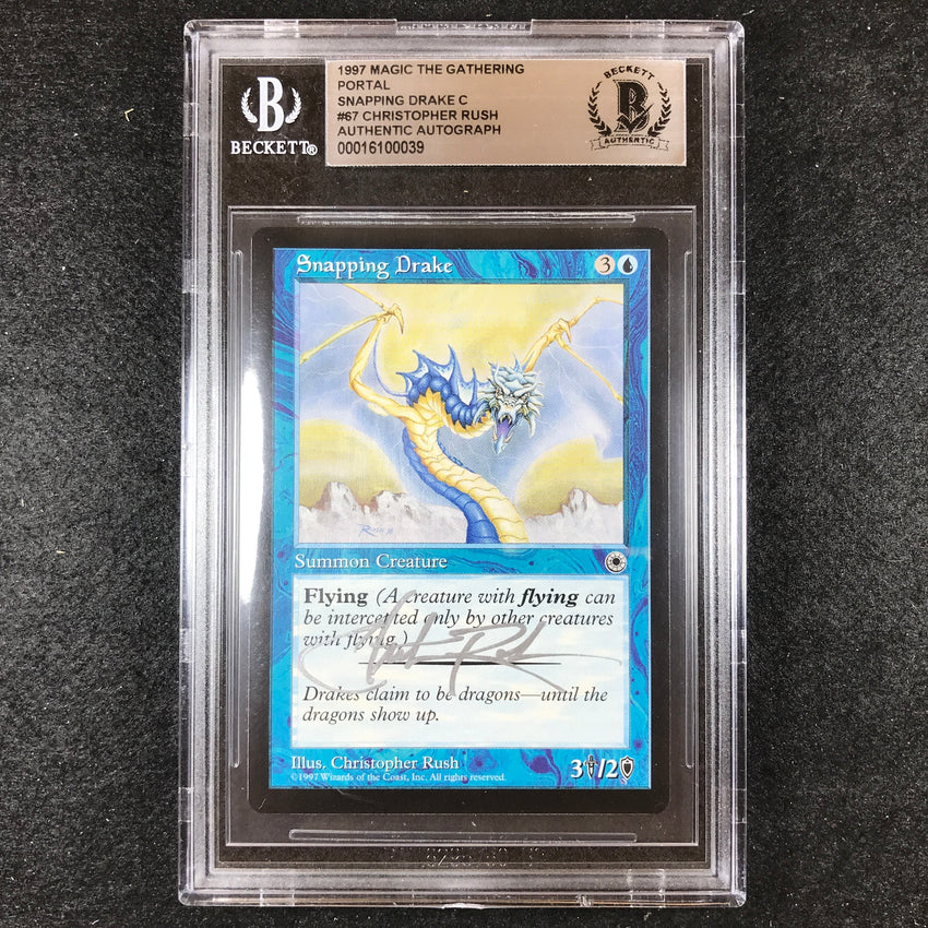 BGS Authentic Autograph Snapping Drake - Christopher Rush 1997 Magic The Gathering Portal 039