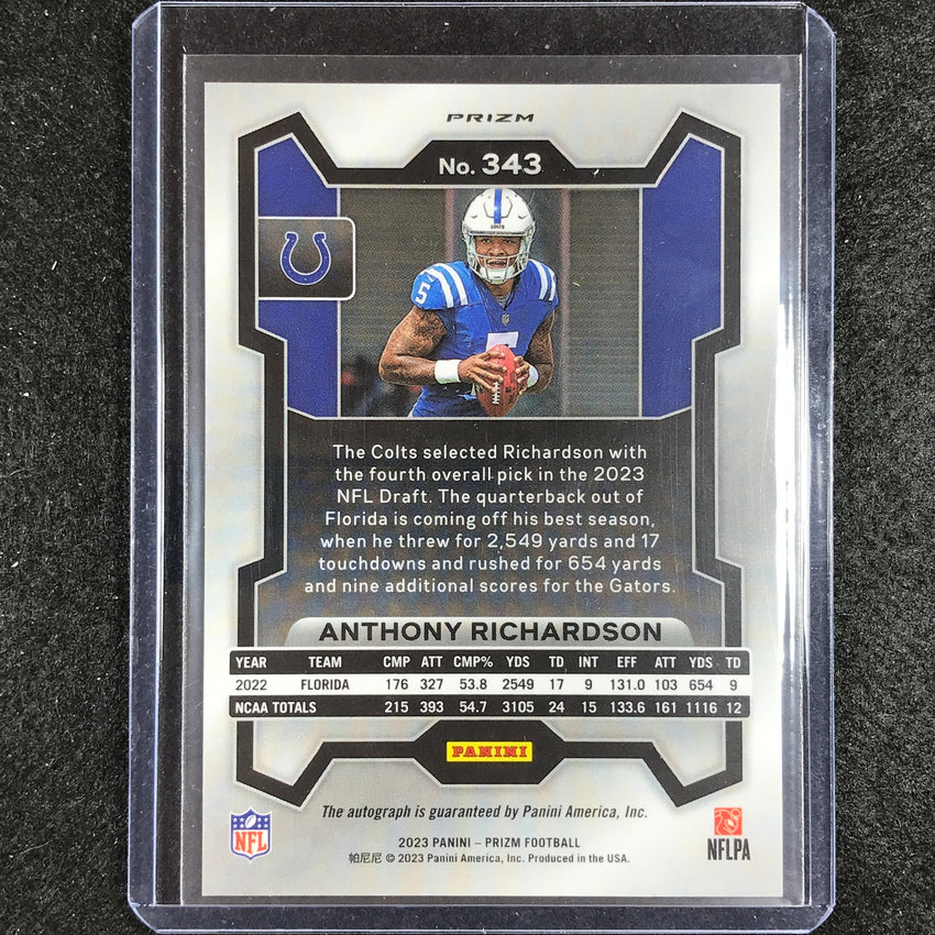 2023 Prizm Football Anthony Richardson Base Rookie Auto Silver Prizm No 343