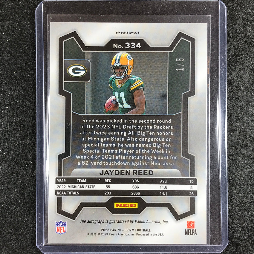 2023 Prizm Football Jayden Reed Base Rookie Auto Gold Vinyl 1/5