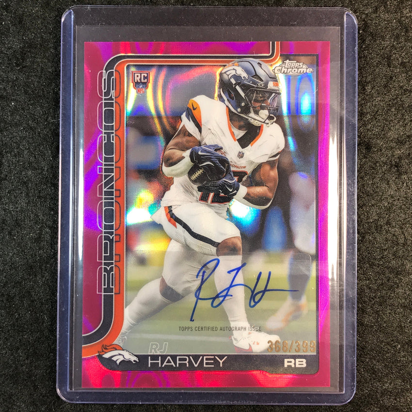 2025 Topps Chrome Football RJ HARVEY Chrome Rookie Auto Magenta Lava 368/399