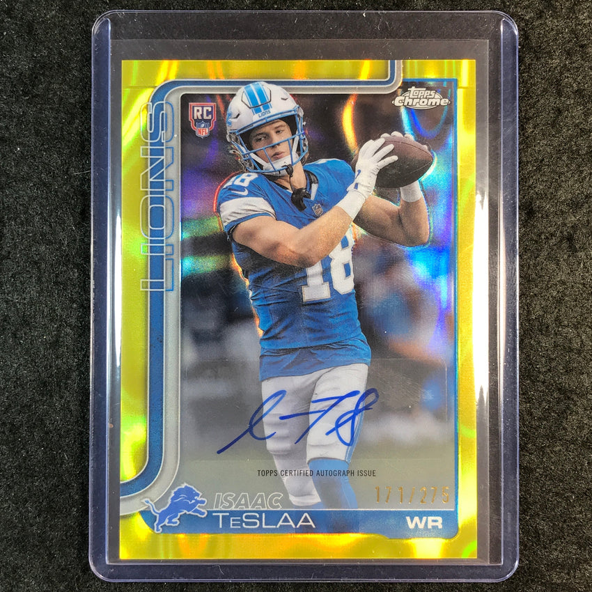 2025 Topps Chrome Football ISAAC TESLAA Chrome Rookie Auto Yellow Lava 171/275