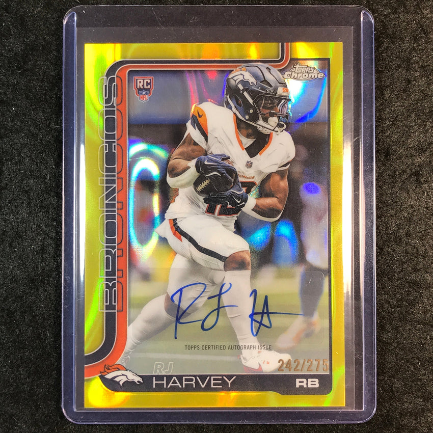 2025 Topps Chrome Football RJ HARVEY Chrome Rookie Auto Yellow Lava 242/275