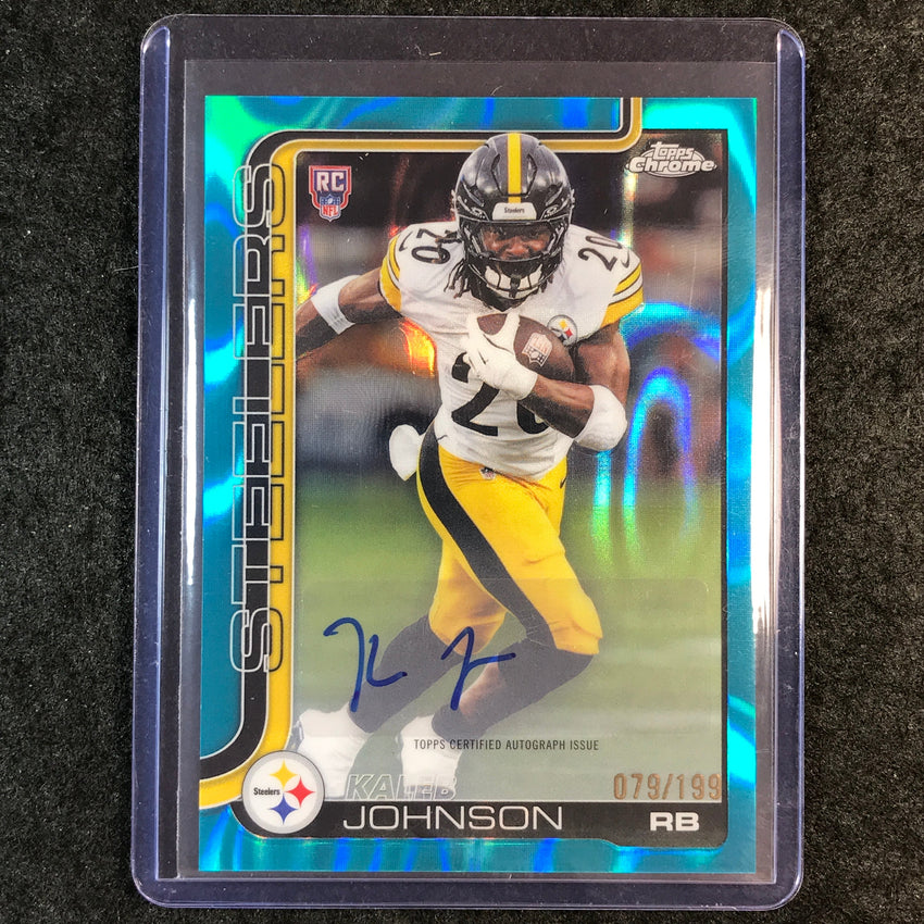 2025 Topps Chrome Football KALEB JOHNSON Chrome Rookie Auto Aqua Lava 79/199