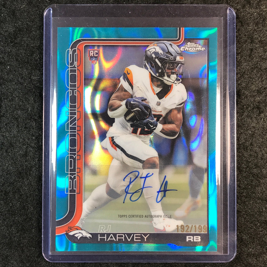2025 Topps Chrome Football RJ HARVEY Chrome Rookie Auto Aqua Lava 192/199
