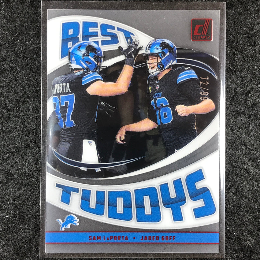 2024 Clearly Donruss Football SAM LAPORTA JARED GOFF Best Tuddys Red 72/99 #4