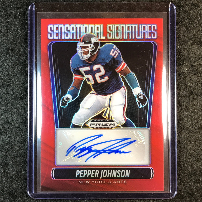 2025 Prizm Black Football PEPPER JOHNSON Sensational Signatures Auto Red 35/99
