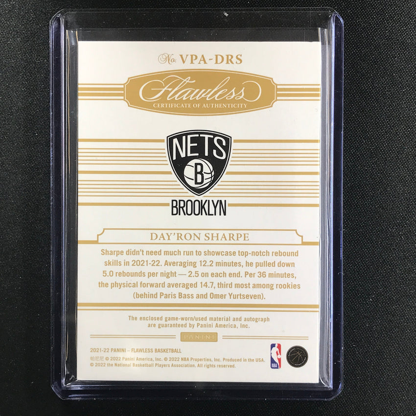 2021-22 Flawless Dayron Sharpe Vertical Rookie Patch Auto Platinum 1/1