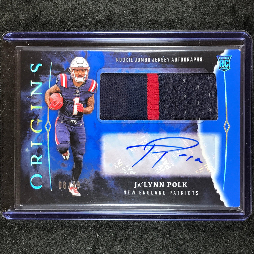 2024 Origins Football JA'LYNN POLK Rookie Jumbo Jersey Patch Auto Blue 6/49