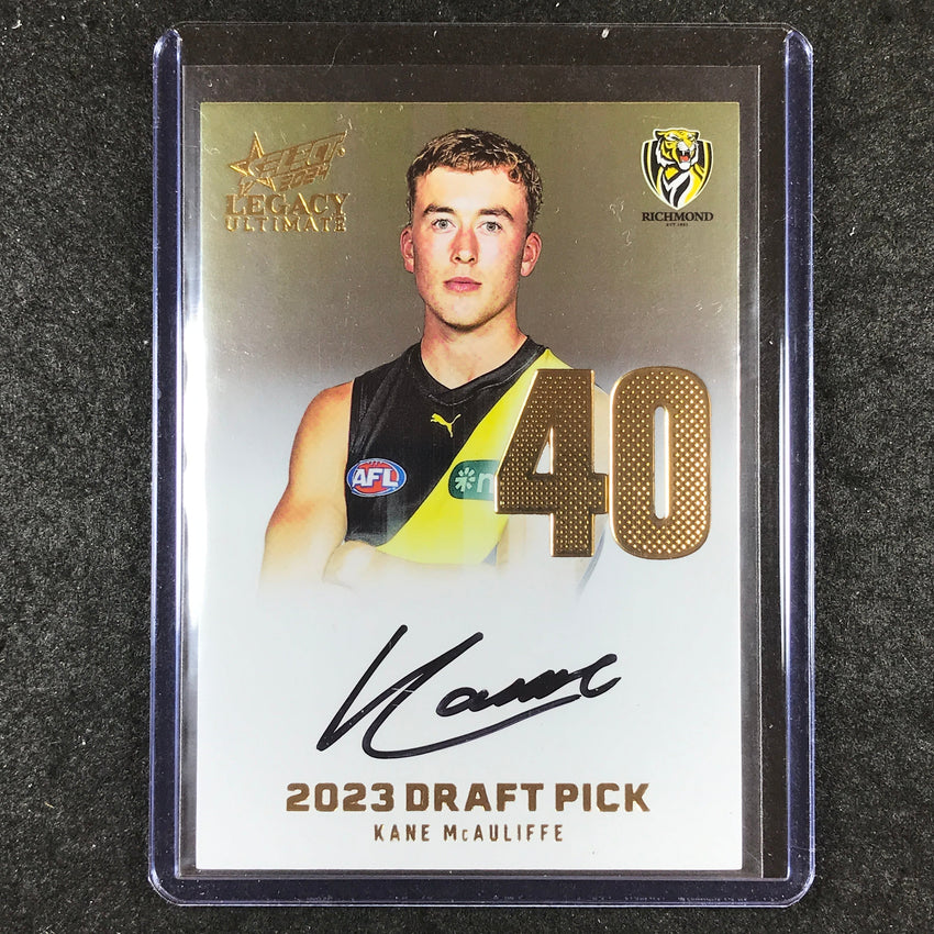 2024 Select AFL Legacy Ultimate KANE MCAULIFFE Draft Pick Signatures Gold 32/85
