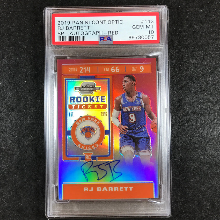 2019 Contenders Optic RJ BARRETT Rookie Ticket Auto Red 124/149 PSA 10 (057)