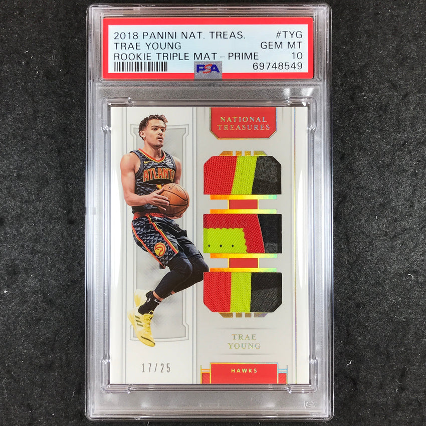 2018 National Treasures TRAE YOUNG Rookie Triple Materials 17/25 PSA 10 (549)