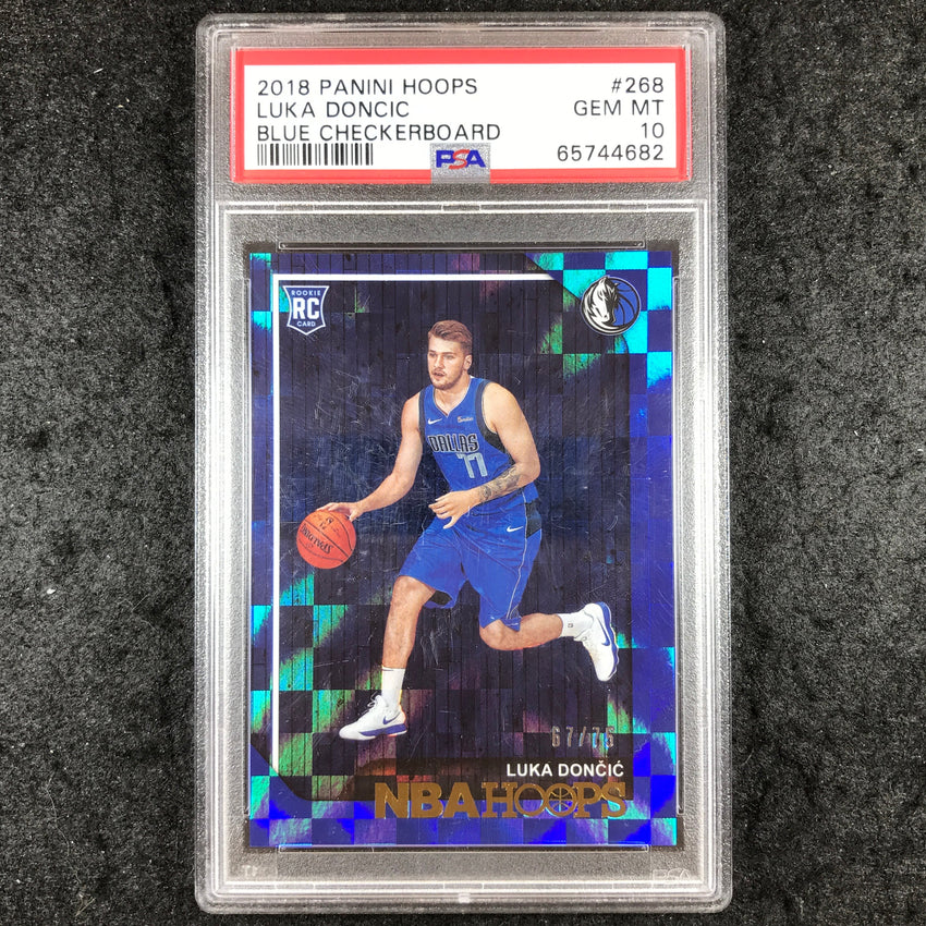 2018 Panini Hoops LUKA DONCIC Rookie Blue Checkerboard 67/75 #268 PSA 10 (682)