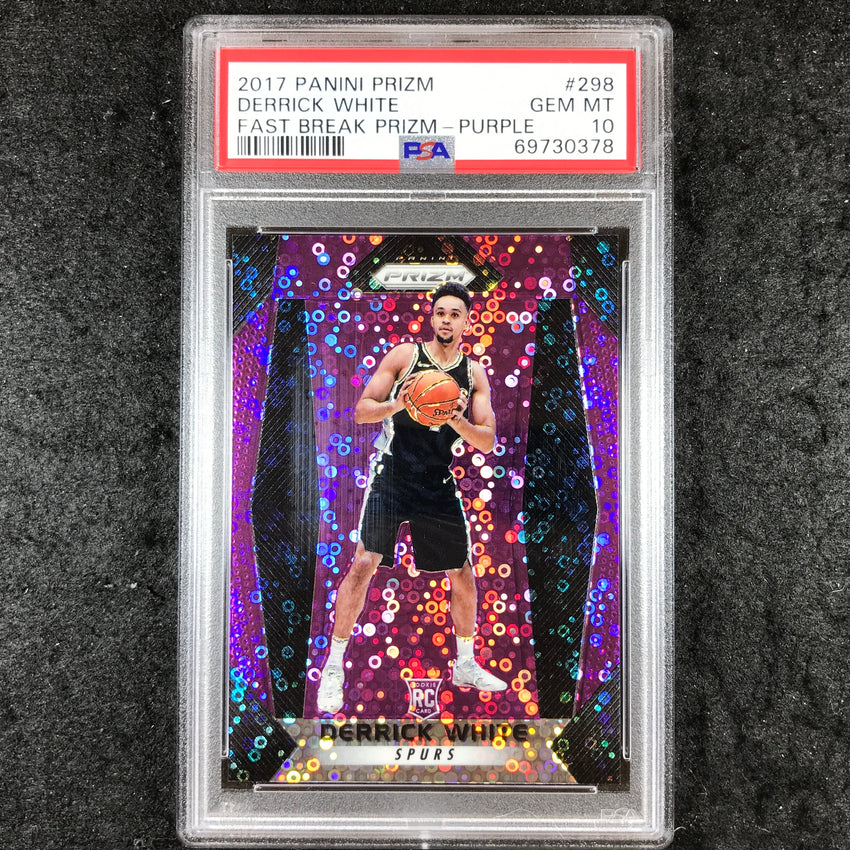 2017 Panini Prizm DERRICK WHITE Rookie Fast Break Purple 56/75 #298 PSA 10 (378)