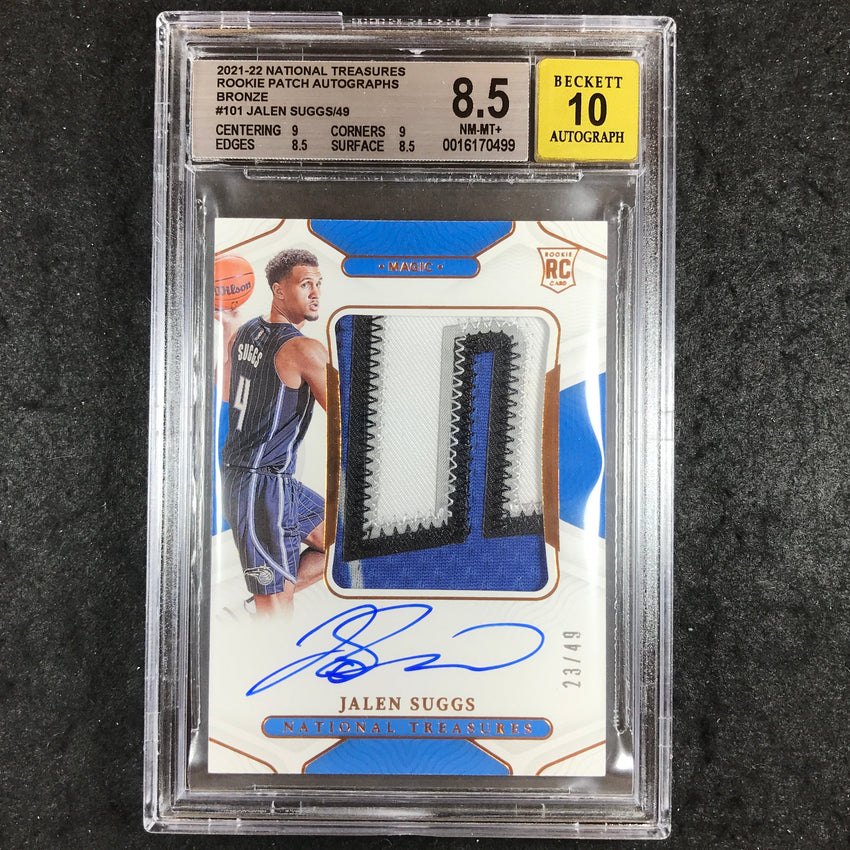 2021 National Treasures JALEN SUGGS Rookie Patch Auto 23/49 BGS 8.5/10 (499)