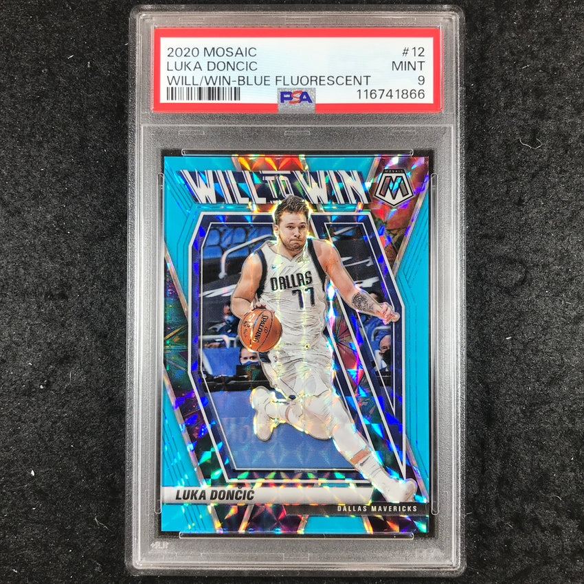 2020 Panini Mosaic LUKA DONCIC Will to Win Blue Fluorescent 8/15 #12 PSA 9 (866)