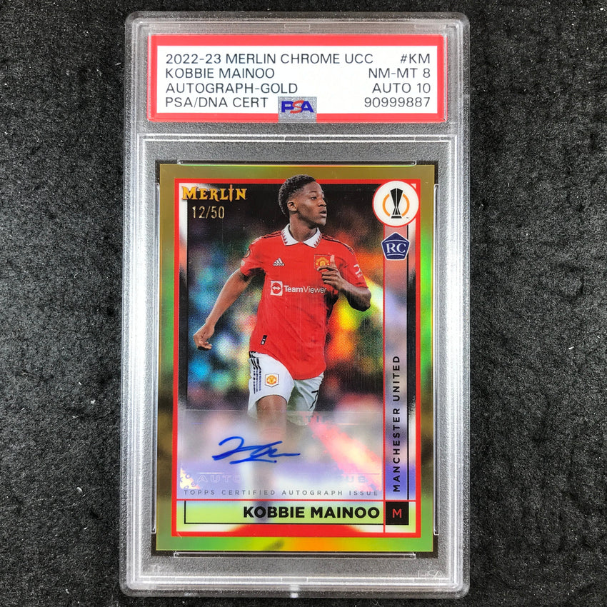 2022-23 Merlin Chrome UCC KOBBIE MAINOO Rookie Auto Gold 12/50 PSA 8/10 (887)