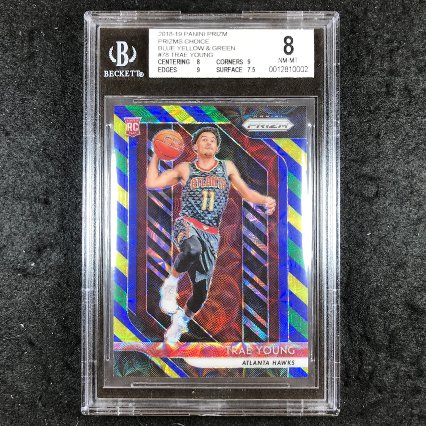 2018 Panini Prizm TRAE YOUNG Rookie Blue Yellow & Green Choice #78 BGS 8 (002)