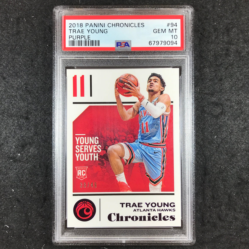 2018 Panini Chronicles TRAE YOUNG Rookie Purple 38/49 #94 PSA 10 (094)