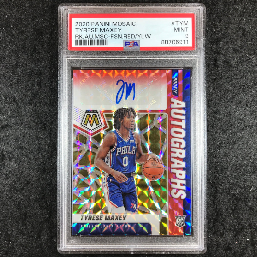 2020 Panini Mosaic TYRESE MAXEY Rookie Auto Red Yellow Fusion #TYM PSA 9 (911)