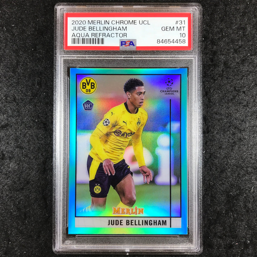 2020 Topps Merlin Chrome UEFA JUDE BELLINGHAM Rookie Aqua 121/199 PSA 10 (458)