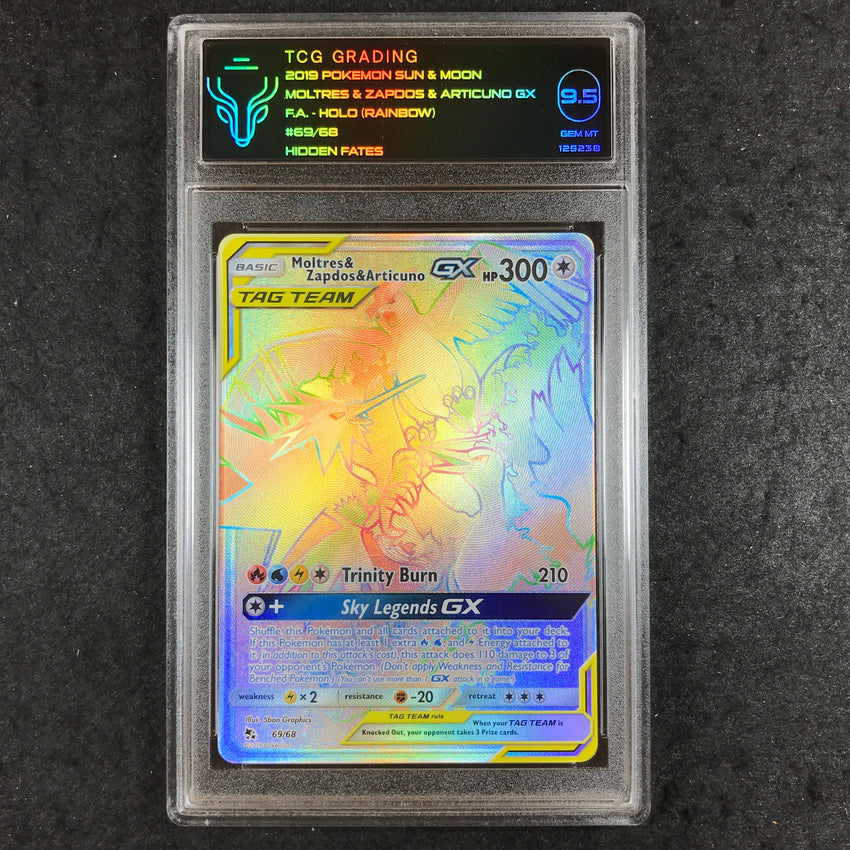TCG 9.5 Moltres & Zapos & Articuno GX - 69/68 Rainbow Holo - Sun & Moon 238