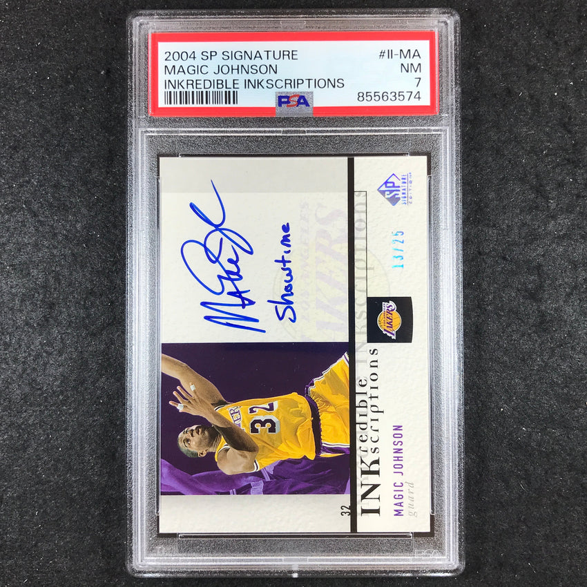 2004-05 SP Signature MAGIC JOHNSON Inkscriptions "Showtime" Auto 13/25 PSA 7