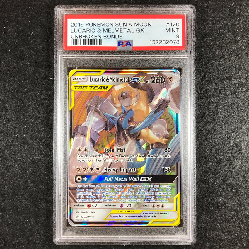 PSA 9 Lucario & Melmetal GX - 120 - Pokemon Sun & Moon Unbroken Bonds 078-Cherry Collectables