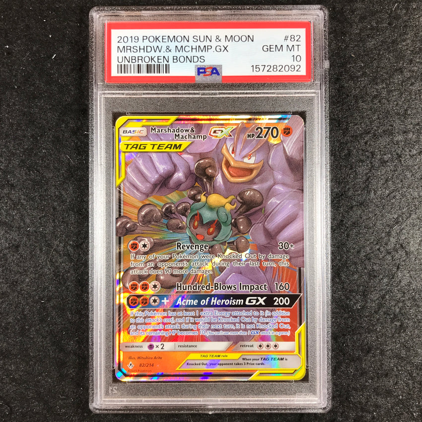 PSA 10 Marshadow & Machamp GX - 82/214 - Pokemon Sun & Moon Unbroken Bonds 092-Cherry Collectables