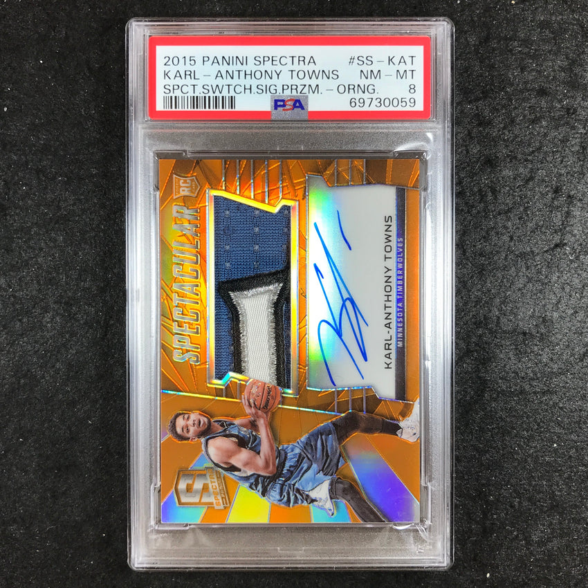 2015 Spectra KARL-ANTHONY TOWNS Spectacular Swatches Rookie Auto 16/25 PSA 8