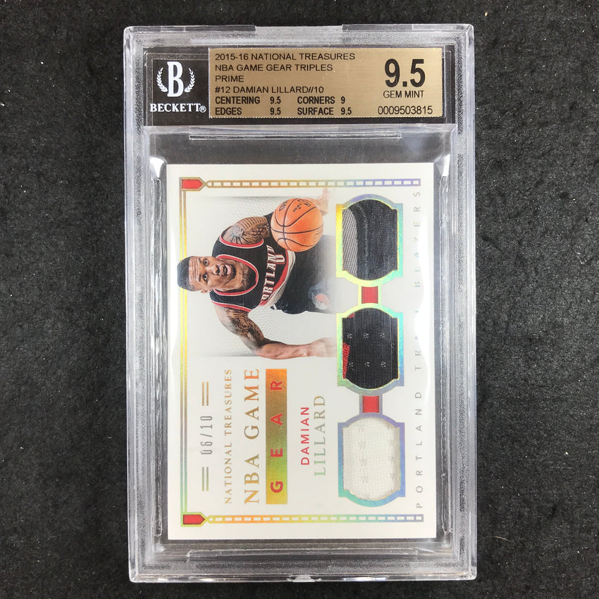 2015-16 National Treasures DAMIAN LILLARD NBA Gear Triple Patch 6/10 BGS 9.5