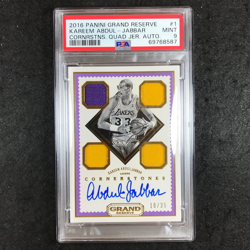 2016 Grand Reserve KAREEM ABDUL-JABBAR Cornerstones Quad Jersey Auto 10/35 PSA 9