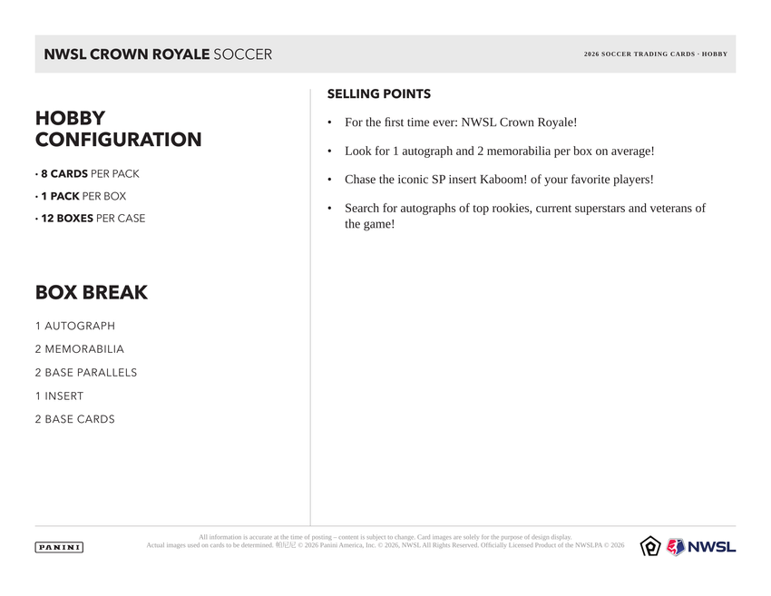 2026 Panini Crown Royale NWSL Soccer Hobby Box (Pre Order)-Cherry Collectables