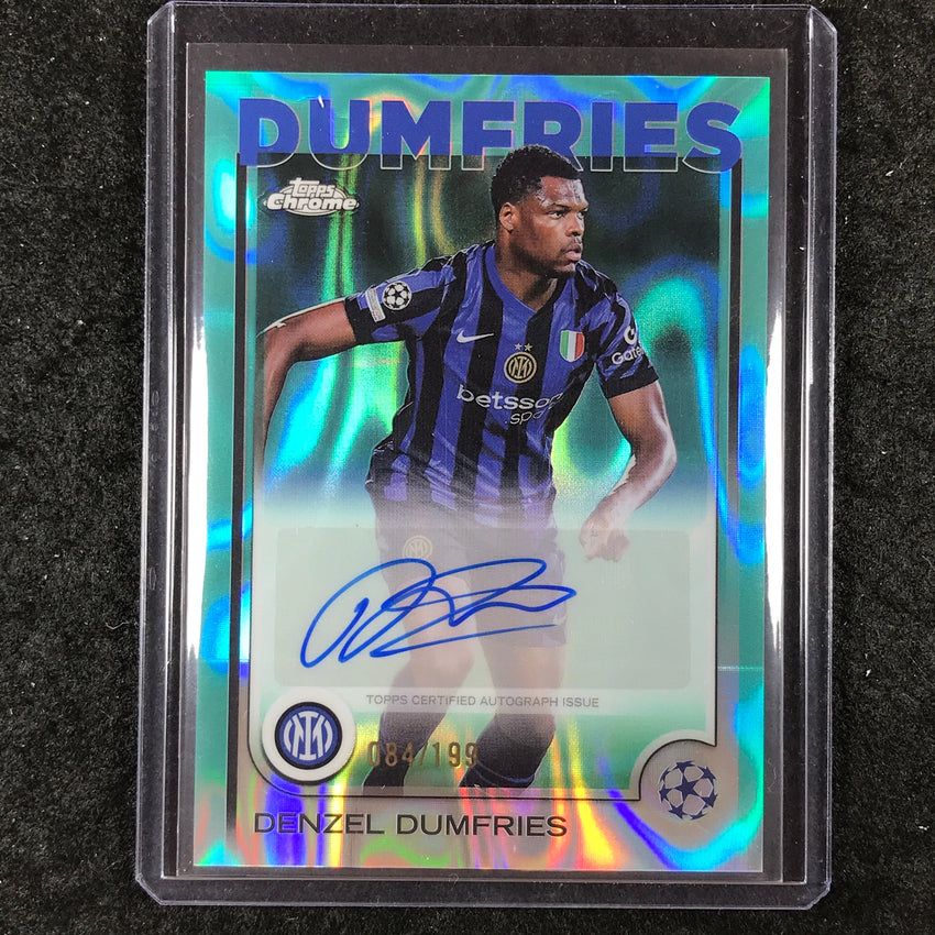 2024-25 Topps Chrome UEFA Club Comp DENZEL DUMFRIES Chrome Auto Aqua Lava 84/199