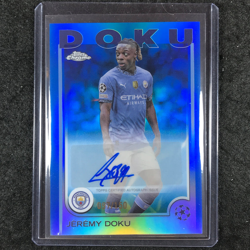 2024-25 Topps Chrome UEFA Club Comp JEREMY DOKU Chrome Rookie Auto Blue 97/150