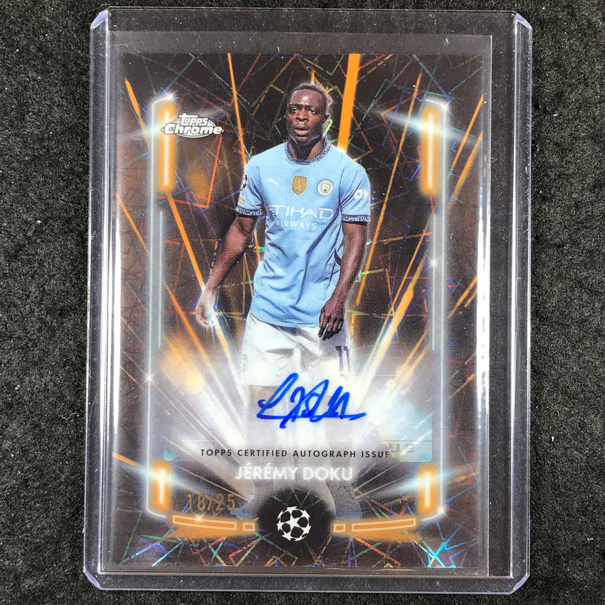 2024-25 Topps Chrome UEFA Club Comp JEREMY DOKU Black Lazer Auto Orange 18/25