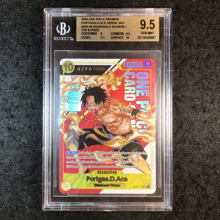 BGS 9.5 Portgas.D.Ace OP07-119 - 25-26 Regionals Serialized TOP 8 270/1000 (867)