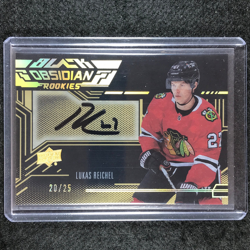 2022-23 SPx NHL LUKAS REICHEL UD Black Obsidian Rookie Scripts Auto Gold 20/25
