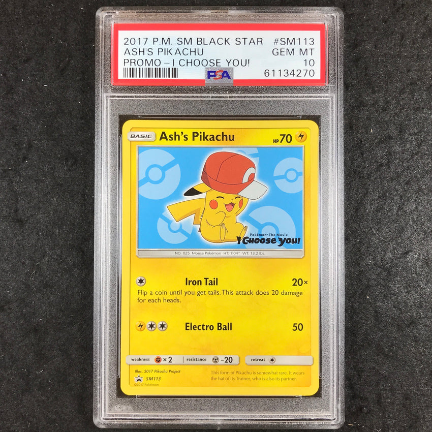 PSA 10 Ash's Pikachu - SM113 - 2017 I Choose You! Black Star Promo 270