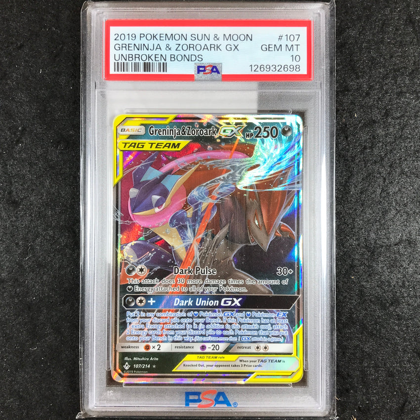 PSA 10 Greninja & Zoroark GX - 107/214 - Unbroken Bonds 698