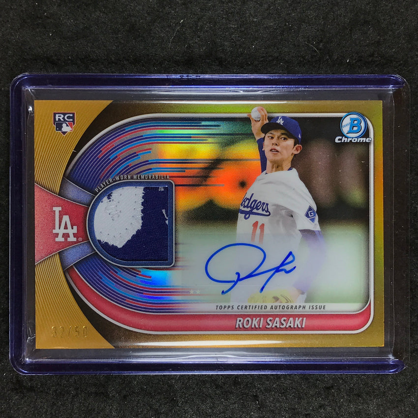 2025 Bowman Chrome ROKI SASAKI Chrome Rookie Auto Relics Patch Gold 32/50