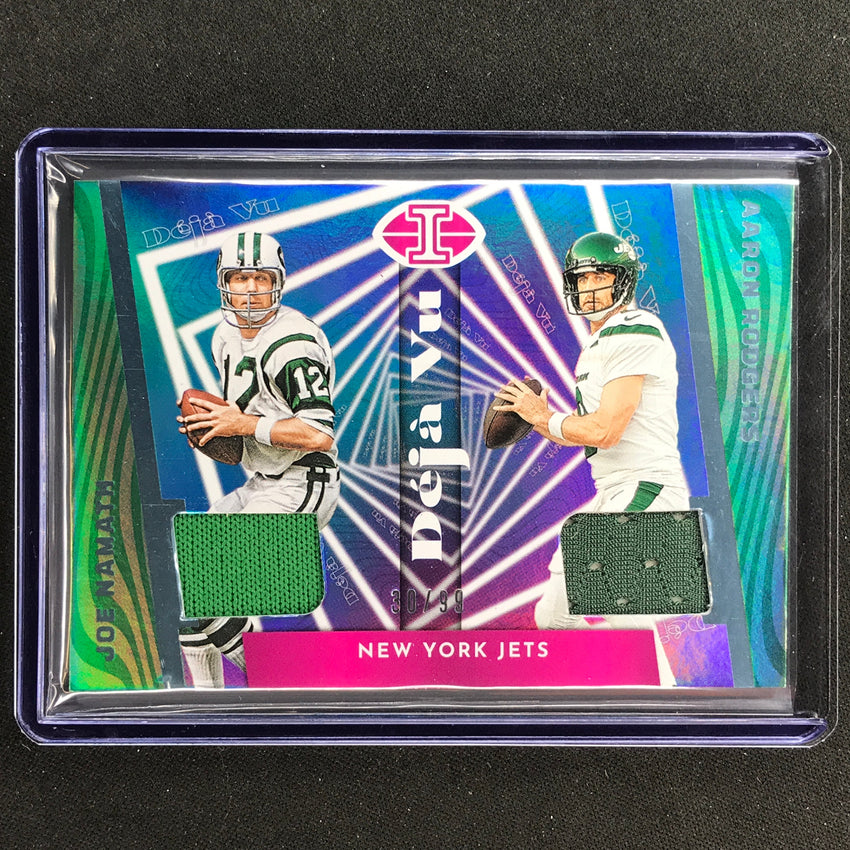 2023 Illusions Football Joe Namath Aaron Rodgers Deja Vu Jersey Relic Blue 30/99