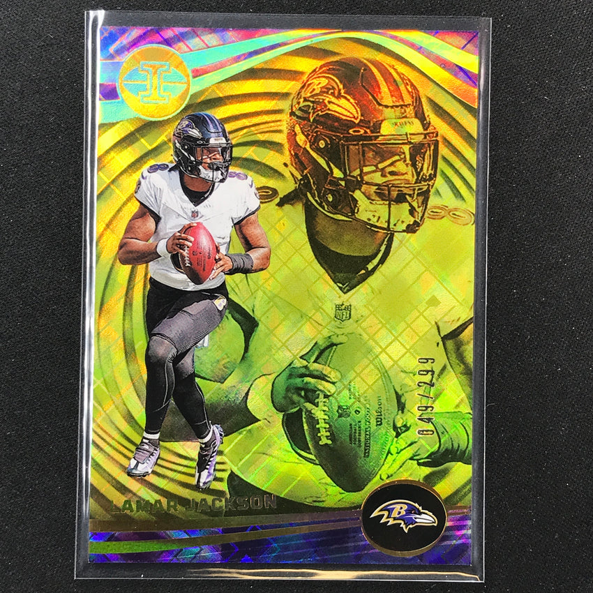 2023 Illusions Football Lamar Jackson Base Yellow Diamond Trophy 49/299 No 8
