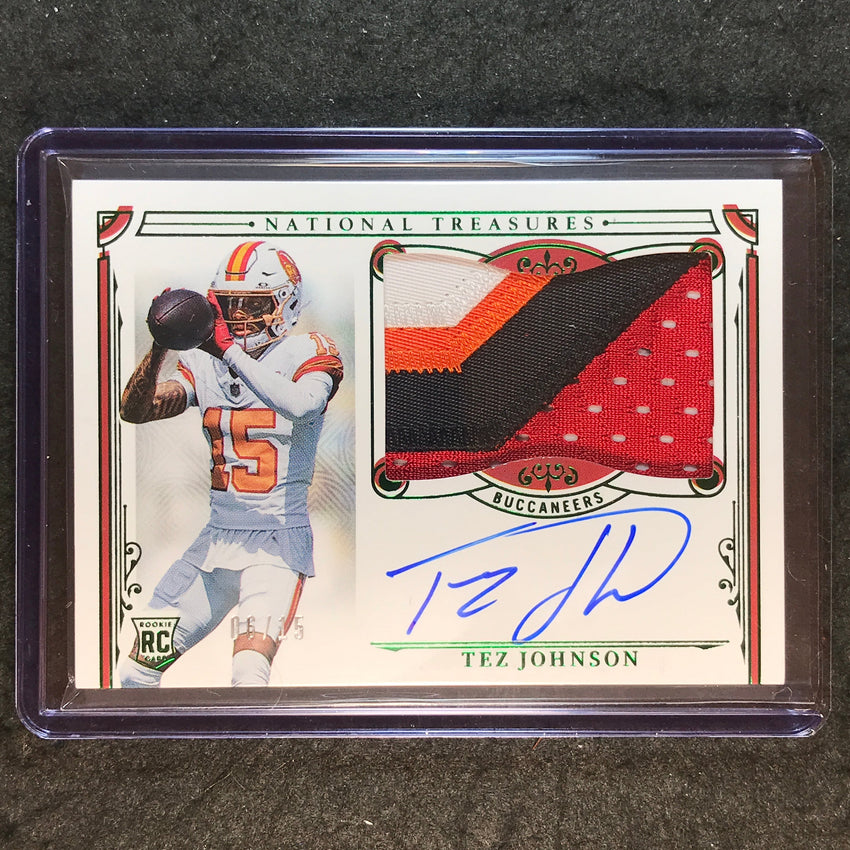 2025 National Treasures TEZ JOHNSON Rookie Patch Auto Jersey Number 6/15