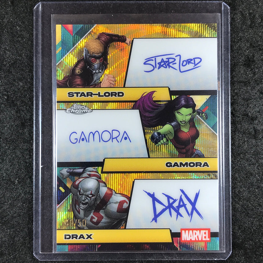 2025 Topps Chrome Marvel STAR-LORD GAMORA DRAX Facsimile Triple Auto Gold 49/50