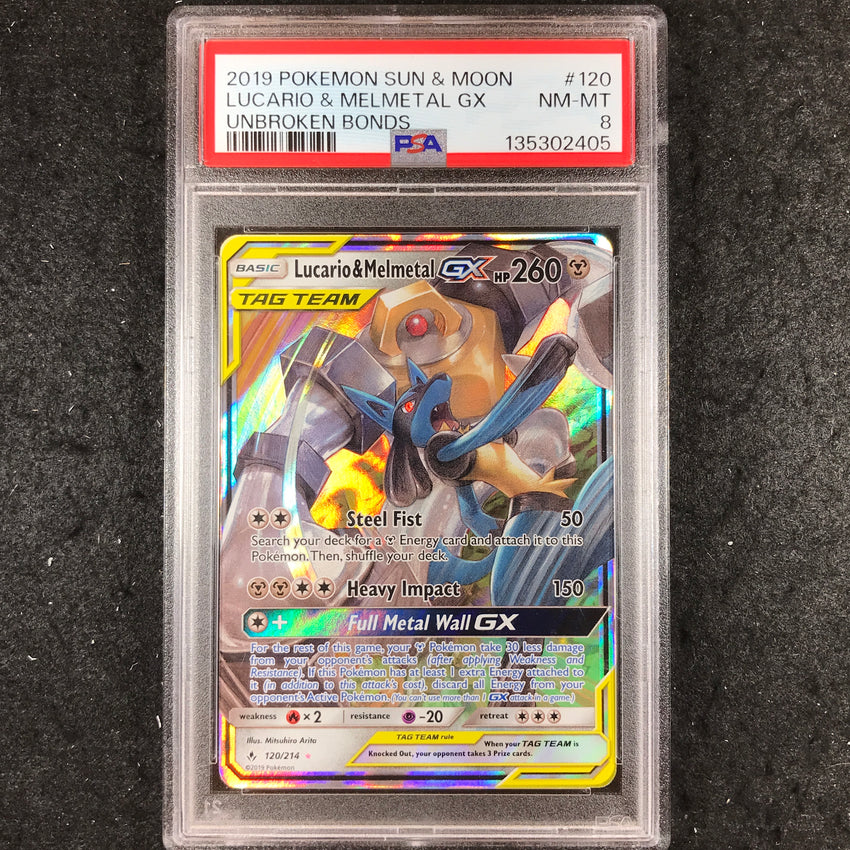 PSA 8 Lucario & Melmetal GX - 120 - Pokemon Sun & Moon Unbroken Bonds 405-Cherry Collectables