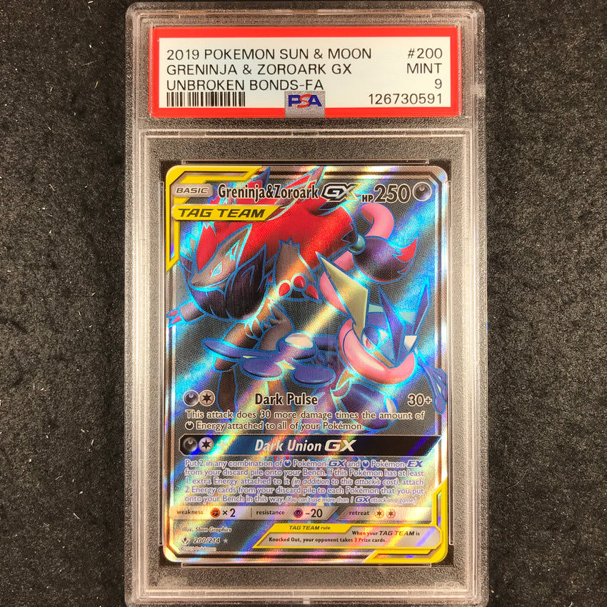PSA 9 Greninja & Zoroark GX - 200/214 - Full Art Pokemon Unbroken Bonds 591-Cherry Collectables